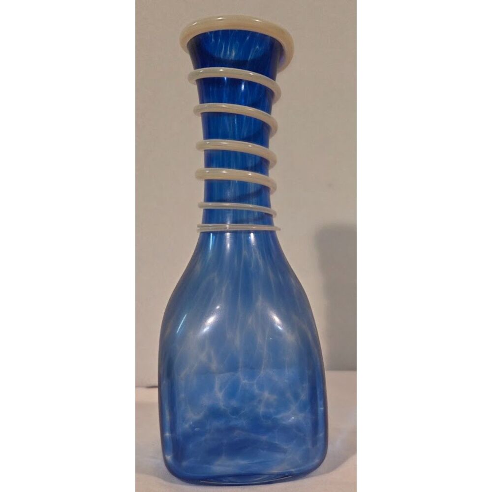 Sabina Rymanów Polish Art Glass Vase Blue Swirl with White Applied Rings